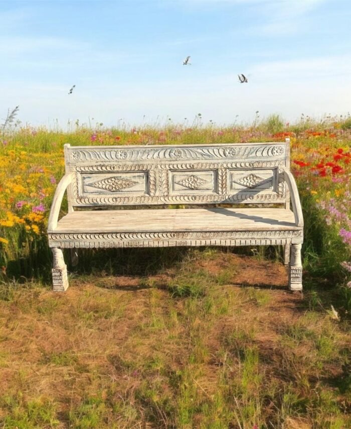 Mango Wood Carved Antique Garden Bench