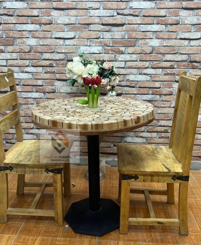 Mango Wood Round Coffee Table with 2 Chairs