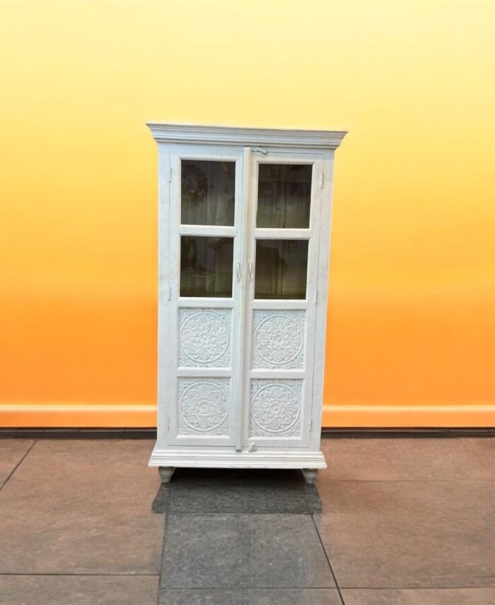 Mango Wood White Carved Bookshelf with 2 Doors