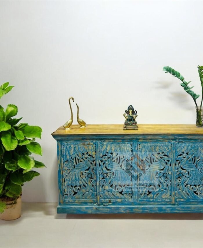 Mango Wood Carved Blue Sideboard