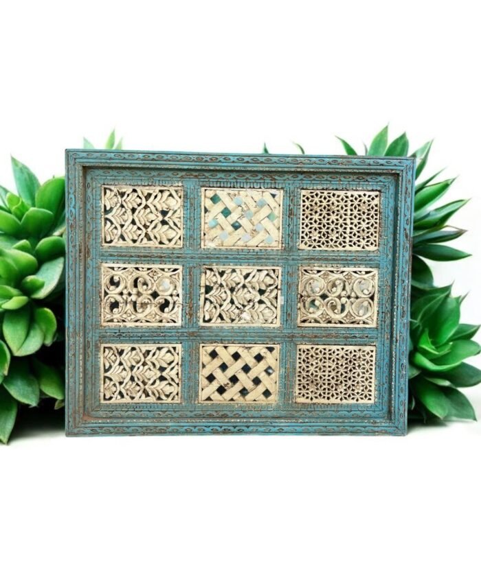 Mango Wood Carved Wall Hanging with Blue Borders