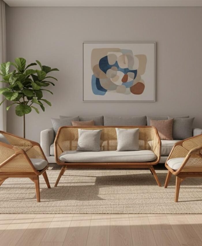 Handcrafted Mid-Century Modern Teak & Rattan Living Room Set