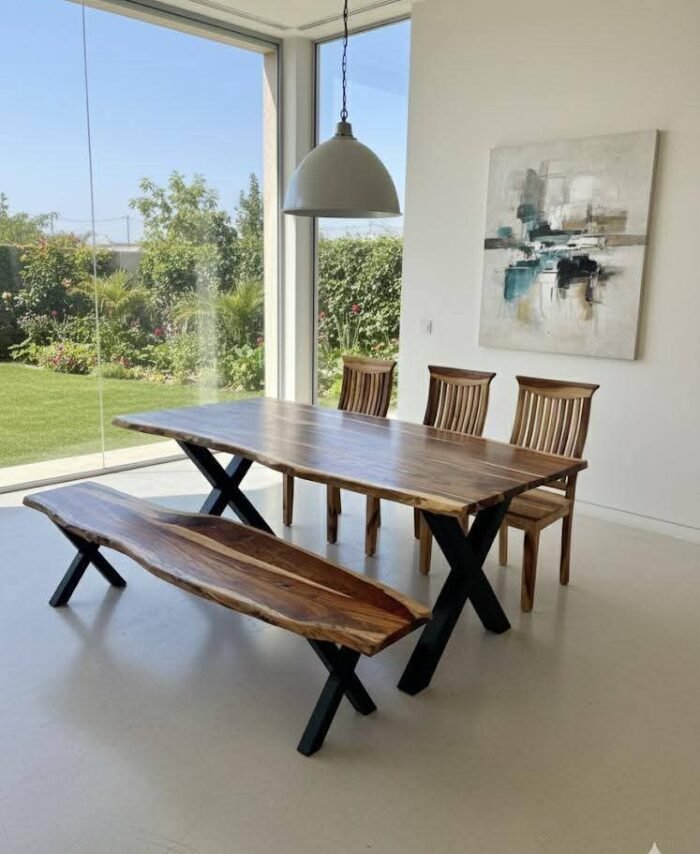 Solid Wood Live-Edge Dining Table Set (Table + 3 Chairs + Bench)