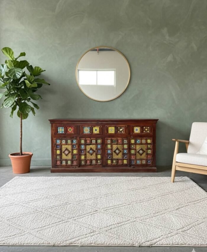 Handcrafted Rajasthani Wooden Sideboard with Colorful Tile Work