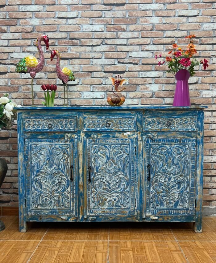 Mango Wood Blue Carved Sideboard